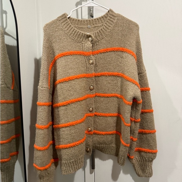 Amazon Sweaters - Amazon Beige Knit Cardigan with Bright Orange Stripes